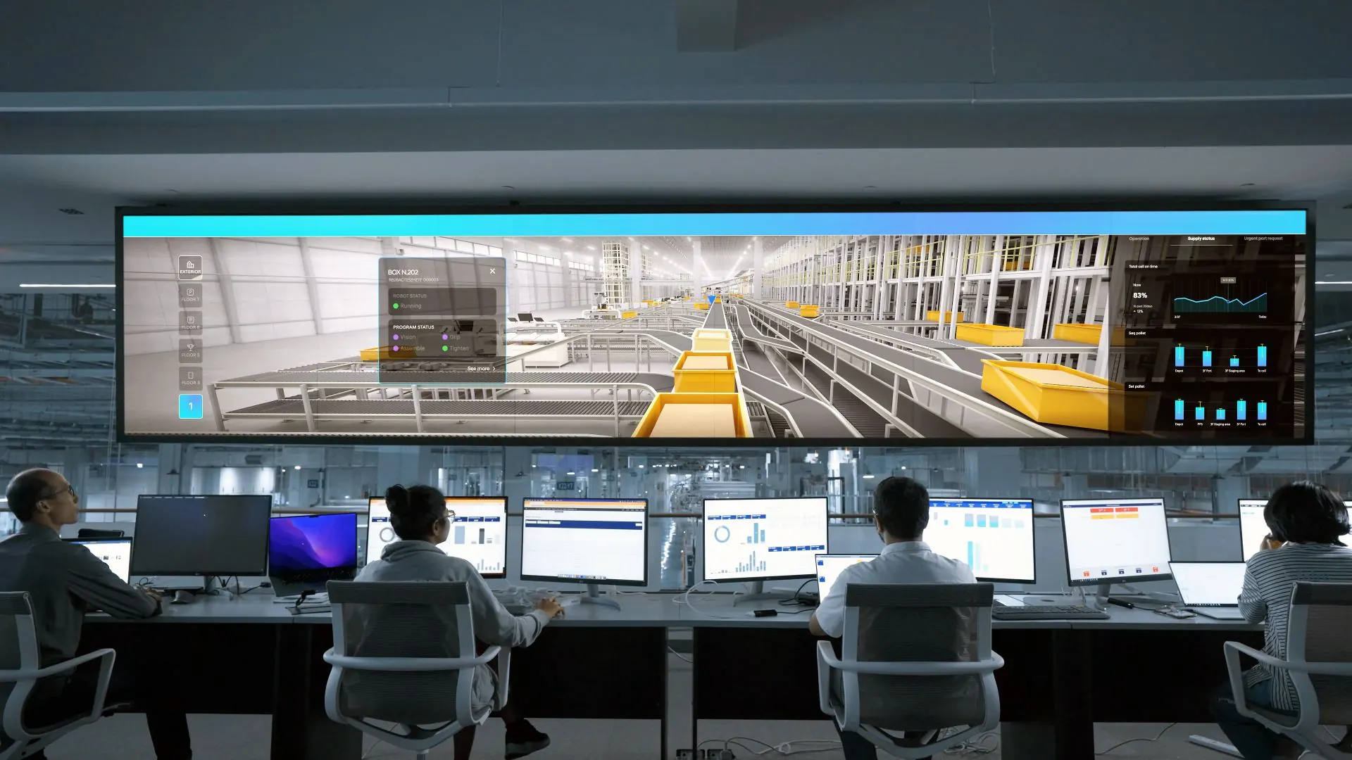 Sala de controle com videowall de LED sem emendas e operadores nas estações de operação